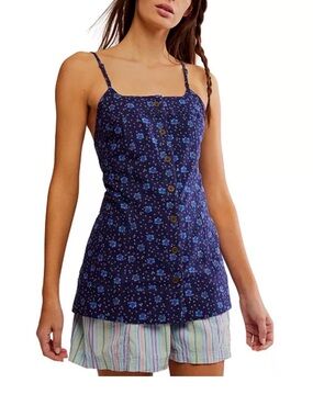 Free People Maddie Printed Tunic, Navy Blue Floral Small NWOT